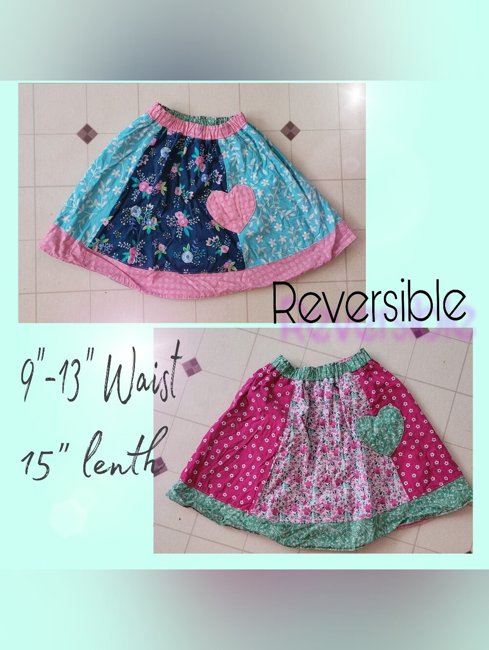 Cottagecore Girls Patchwork Skirt Vibrant Elastic Waist Heart Pocket Reversible